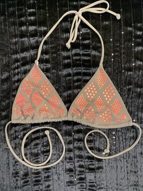 NWOT Victoria's Secret Beige Lined Bikini Top with Shiny Orange Dots M